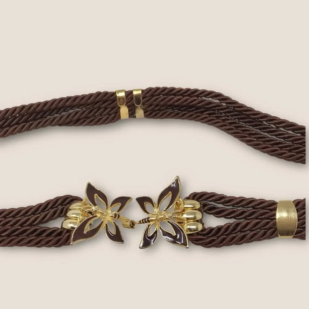Butterfly Enameled Brown & Gold Satin Rope Belt 27